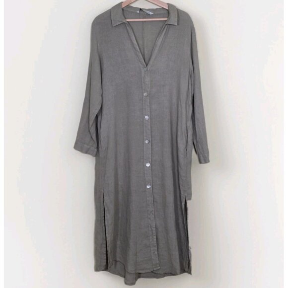 Zara Shirt Dress L Khaki Green Linen LS Roll Up Tab Slits Buttons Coastal Boho - Picture 1 of 16